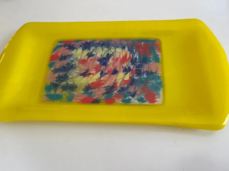 Yellow Tray with Colorful Center Design 7″ x12″ - Fused Glass