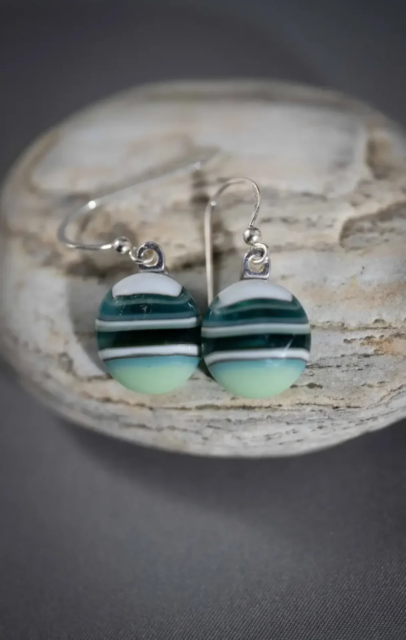 Striped Green Earrings - Fused Glass