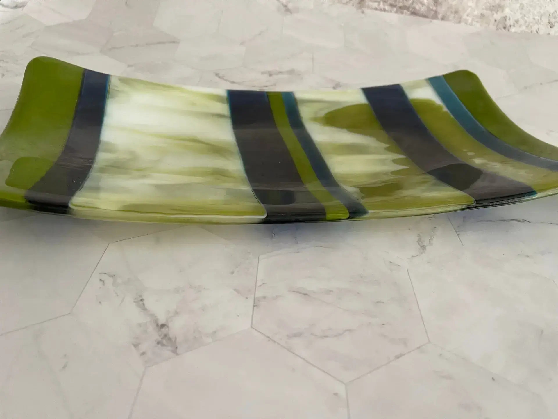 Additional view of Olive Grove green and blue fused glass platter by Darlene Heusser
