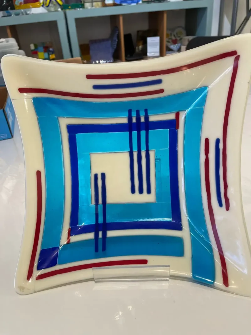 Red, White, and Blue 10″ Square Bowl - Fused Glass