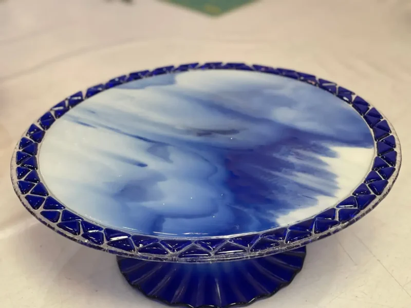 Cake Plate with Pedestal – Blues - Fused Glass
