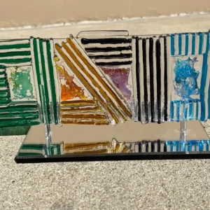 Fused Glass Abstract Line Sculpture w Mirrored Stand - Fused Glass