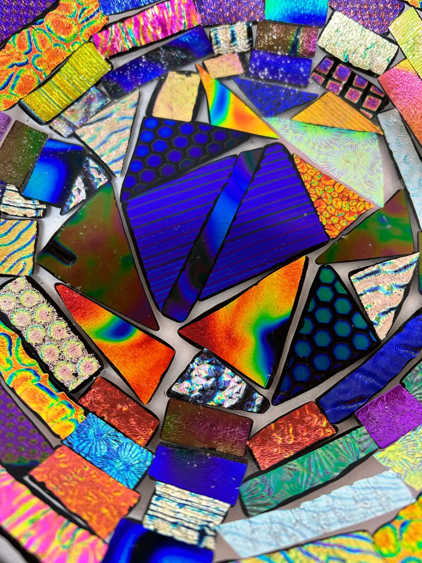 Additional view of colorful dichroic decorative glass plate by Pat Spears