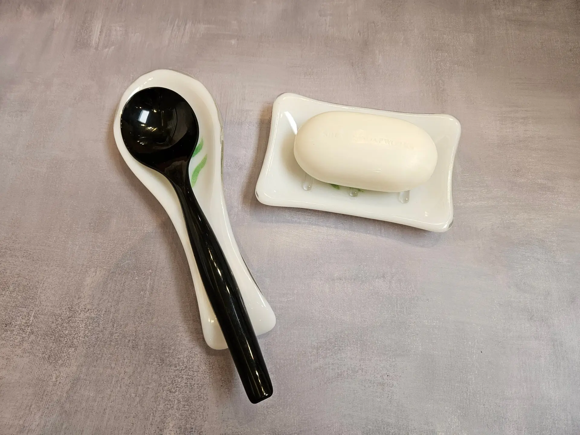 Additional view of Bamboo Calm fused glass spoon and soap dish set