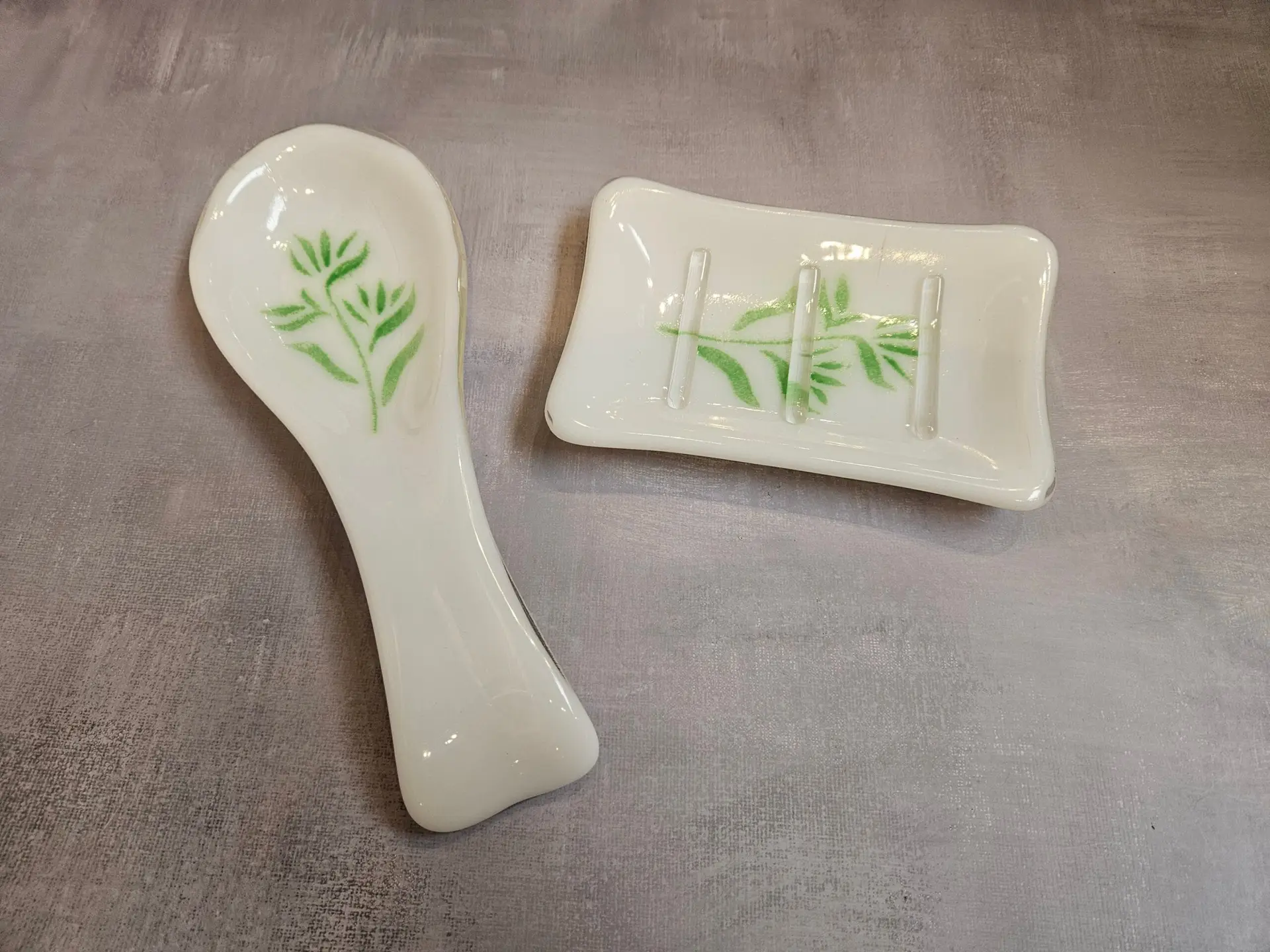 Bamboo Calm Glass Spoon and Soap Dish Set - Fused Glass