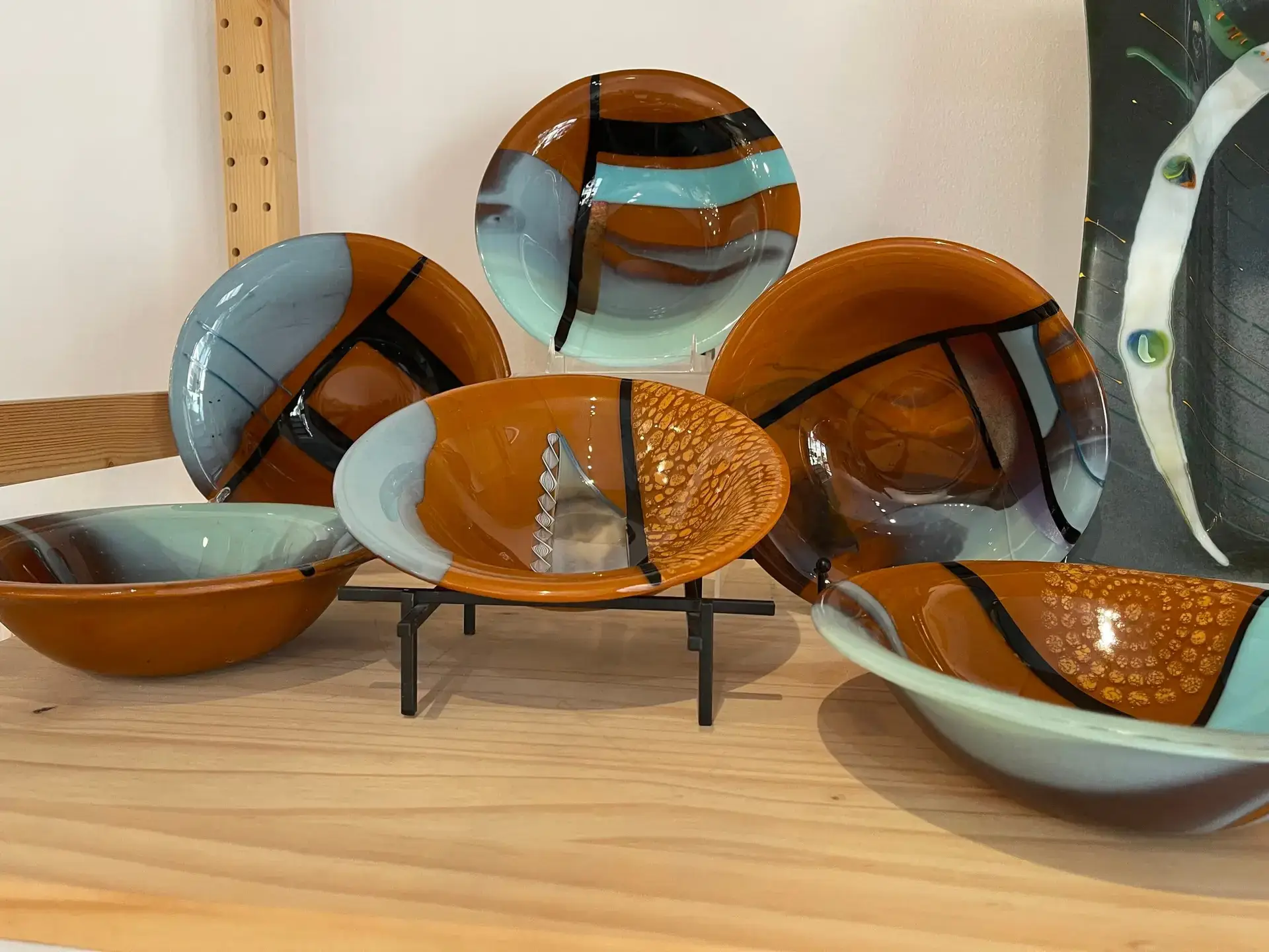 Set of 6 bowls in earthtone colors by Barbara (BJ) Fitzgerald at Glass Arts Collective