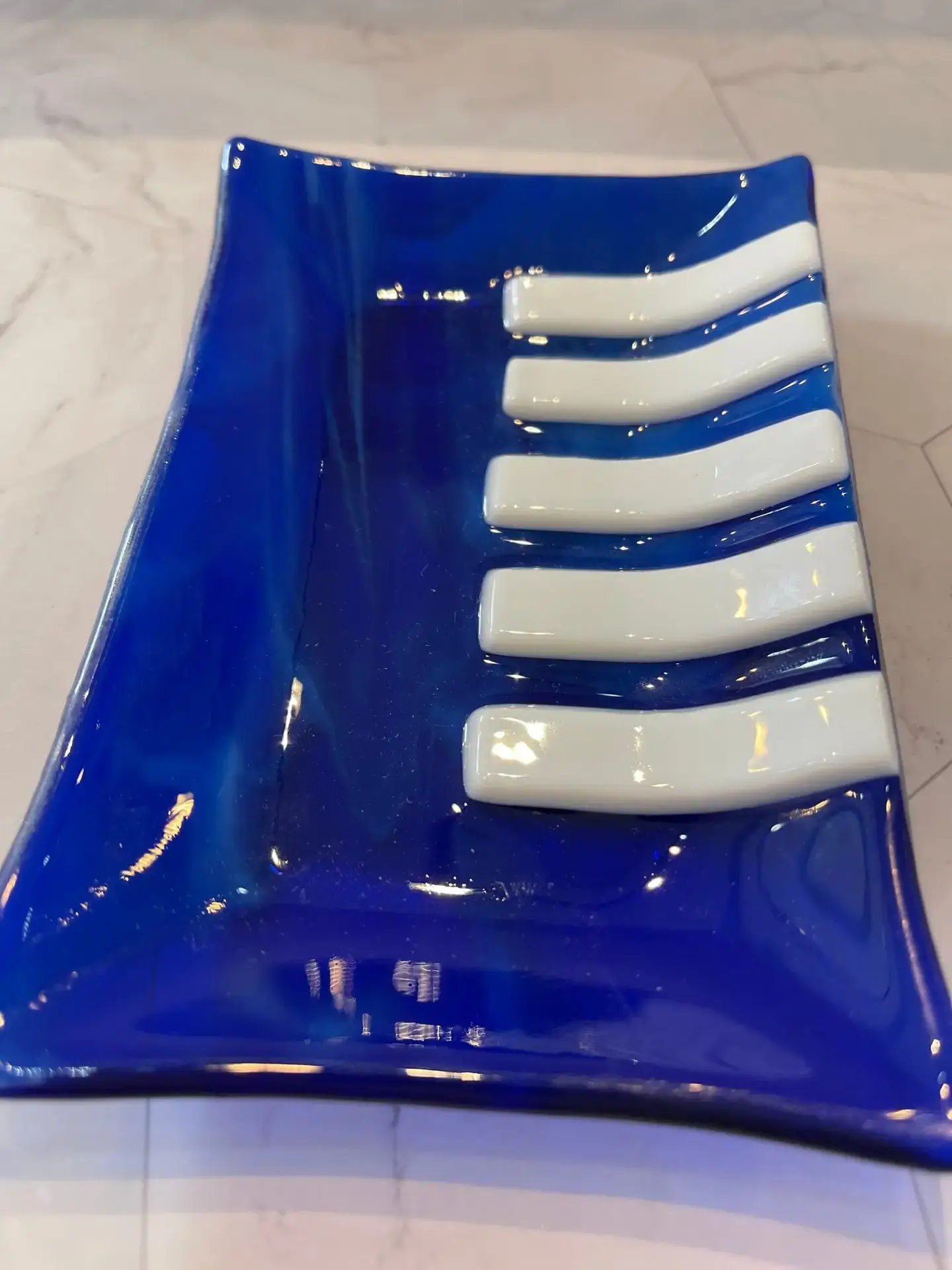 Additional view of Cascade Serenade blue fused glass dish