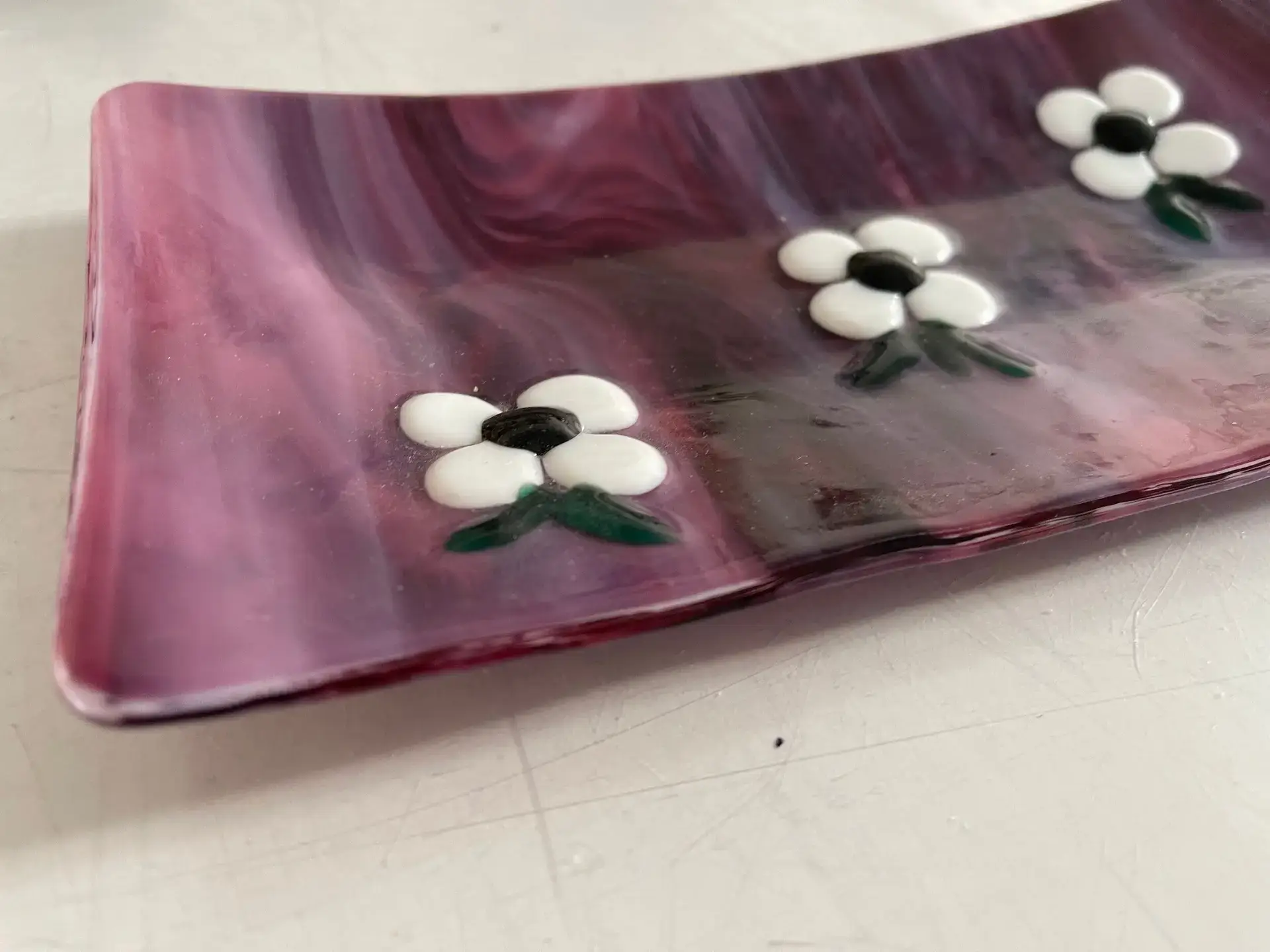 Little White Flowers on Cranberry Tray - Fused Glass