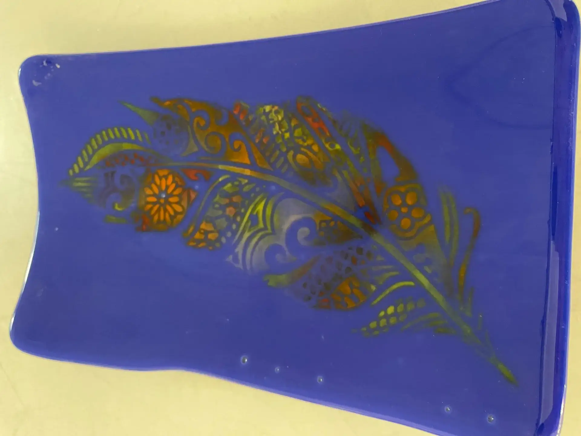 Blue Tray with Leaf Design - Fused Glass
