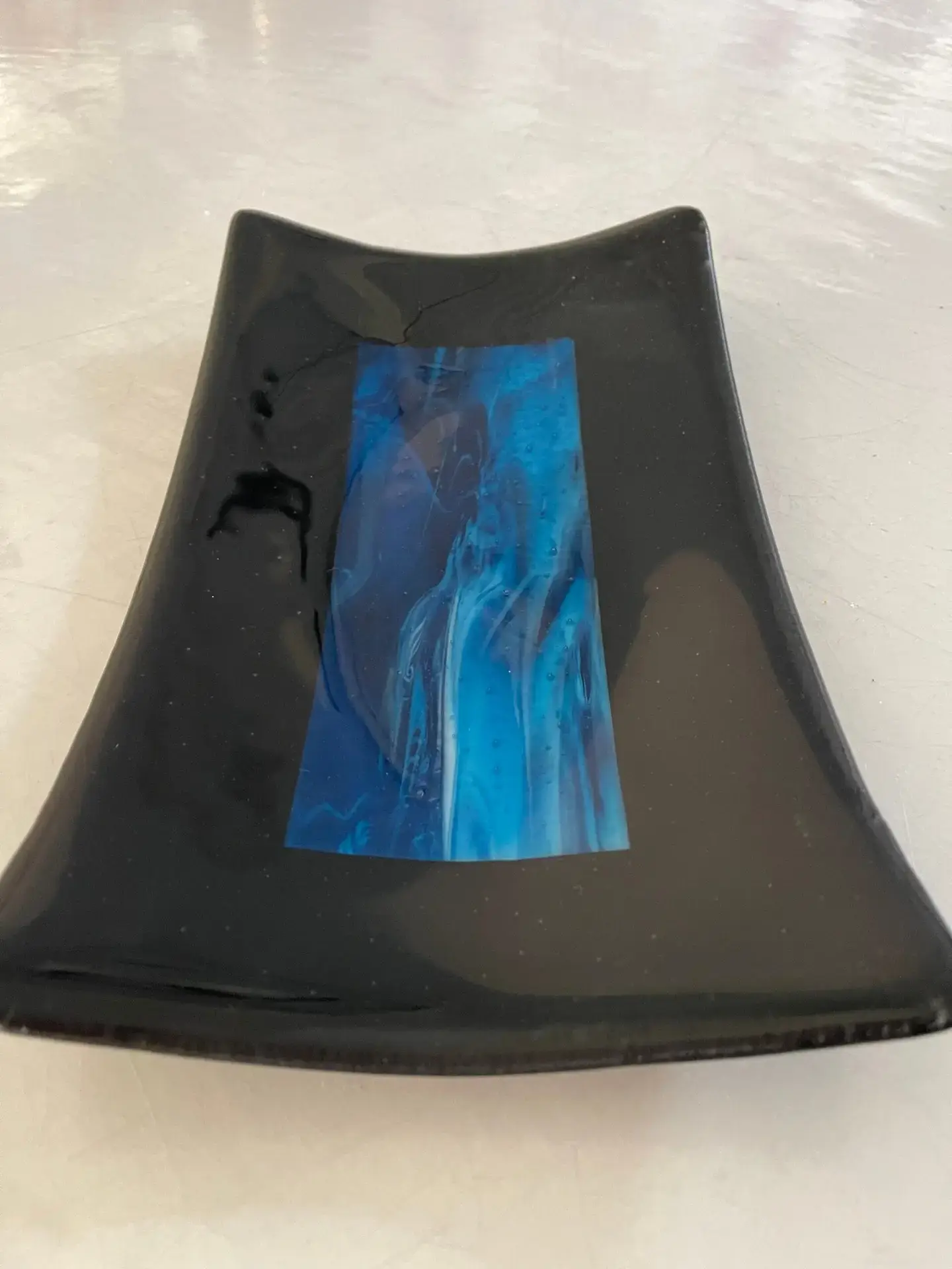 Black with Blue Center Tray - Fused Glass