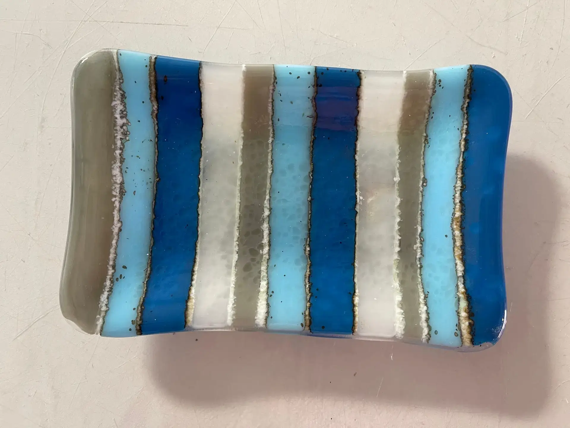 Small Striped Dish of Blues and Grays 4″ x 6″ - Fused Glass