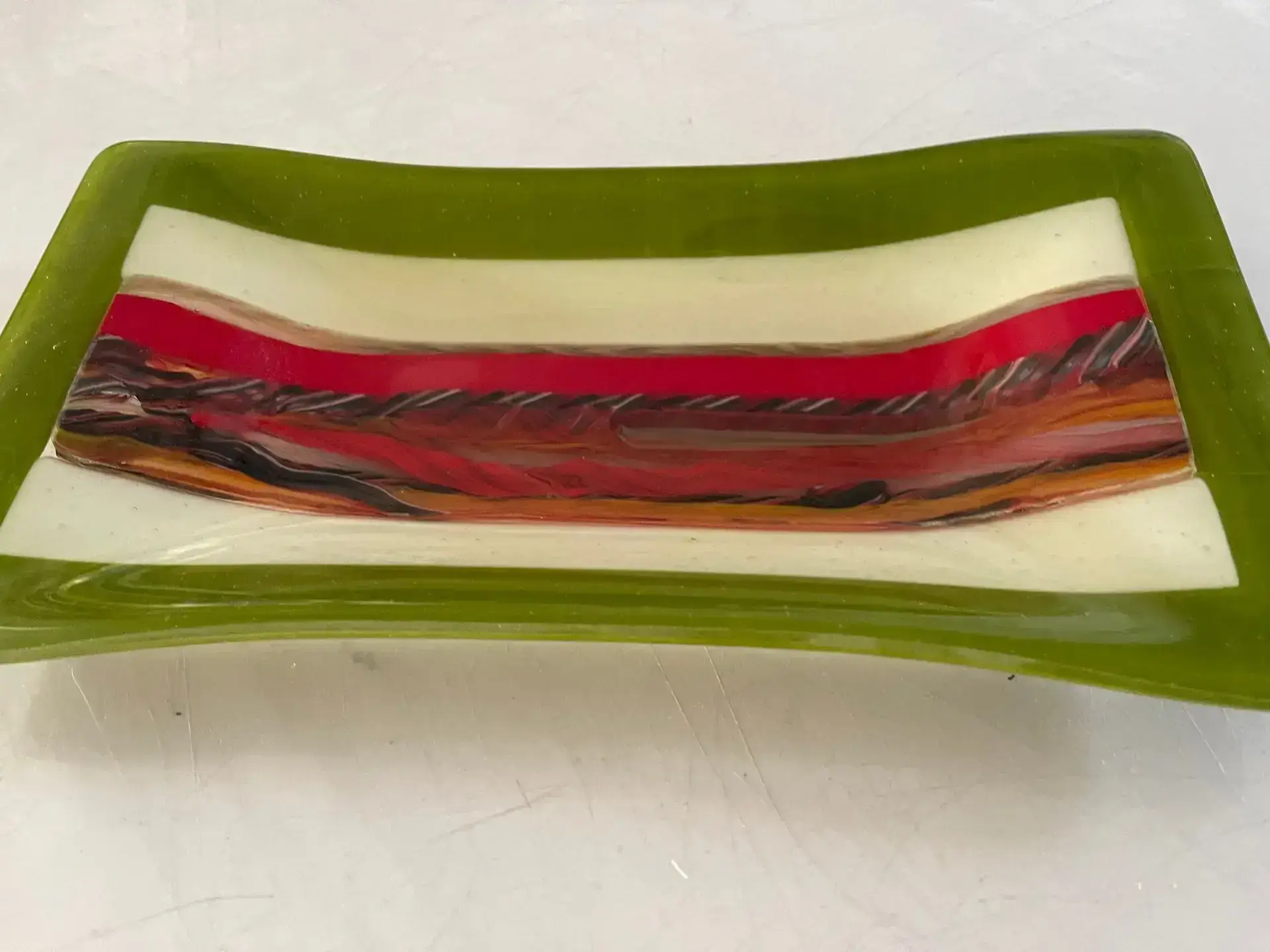 Green and Cream Tray with Red, Black and Brown Center - Fused Glass