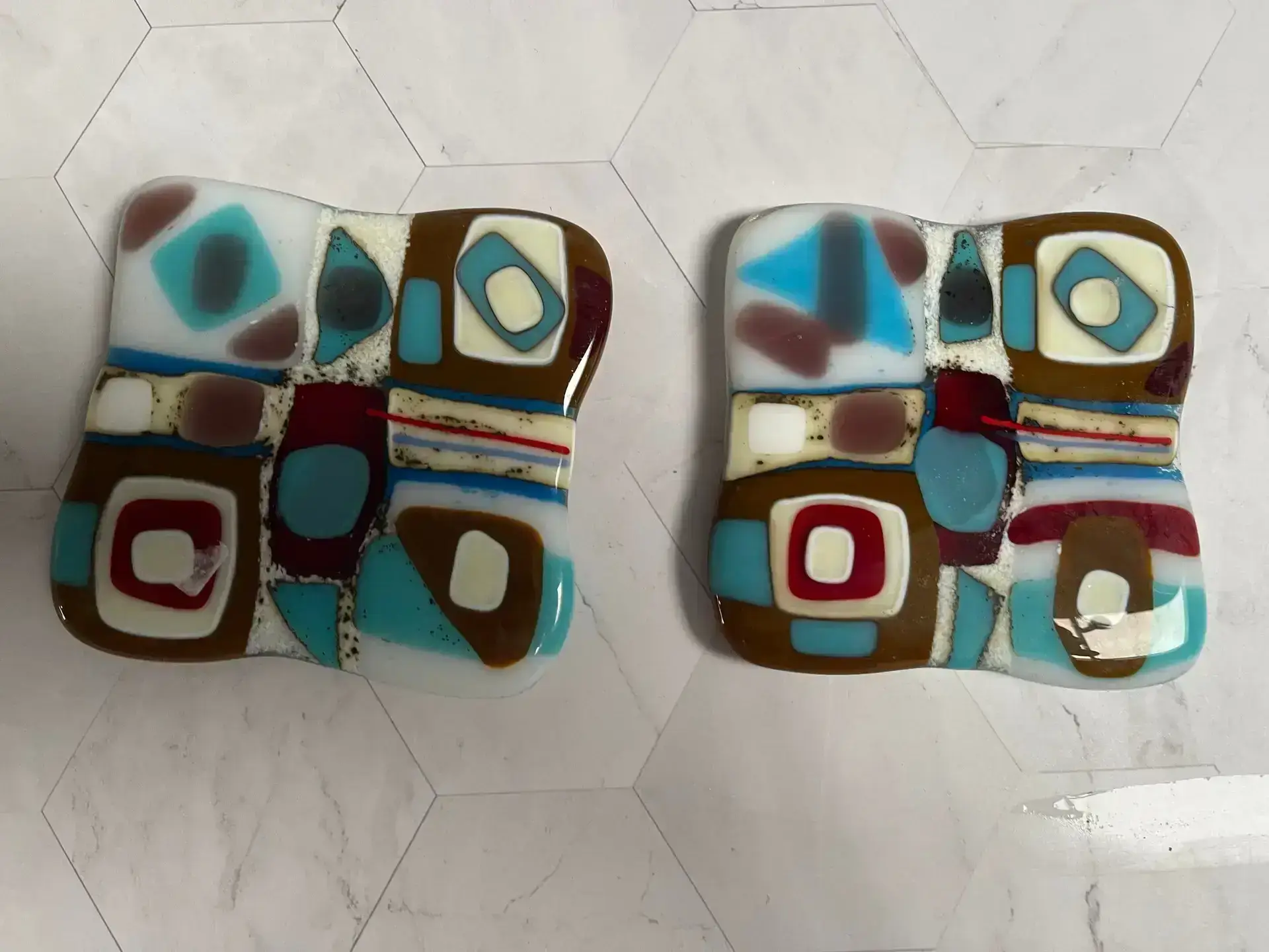 Brown, Cream, and Blue Coasters – set of 2 - Fused Glass