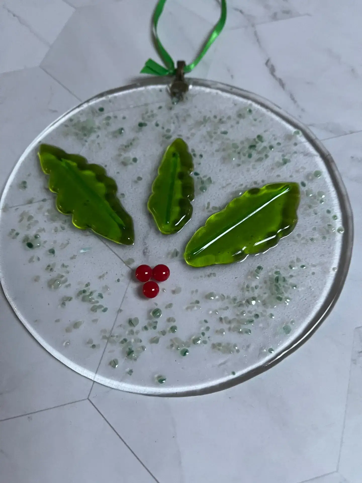 Holly Christmas Ornament - Fused Glass