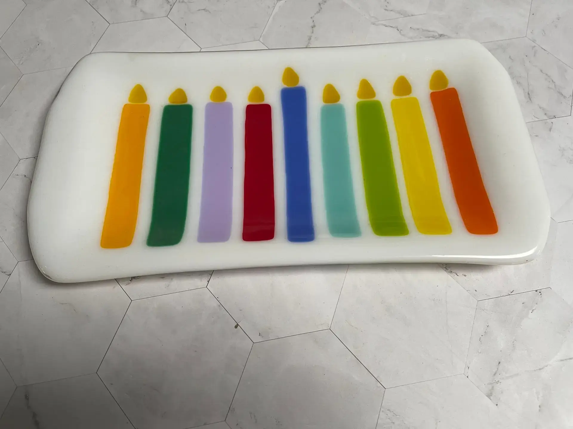 White tray with Menorah candles - Fused Glass