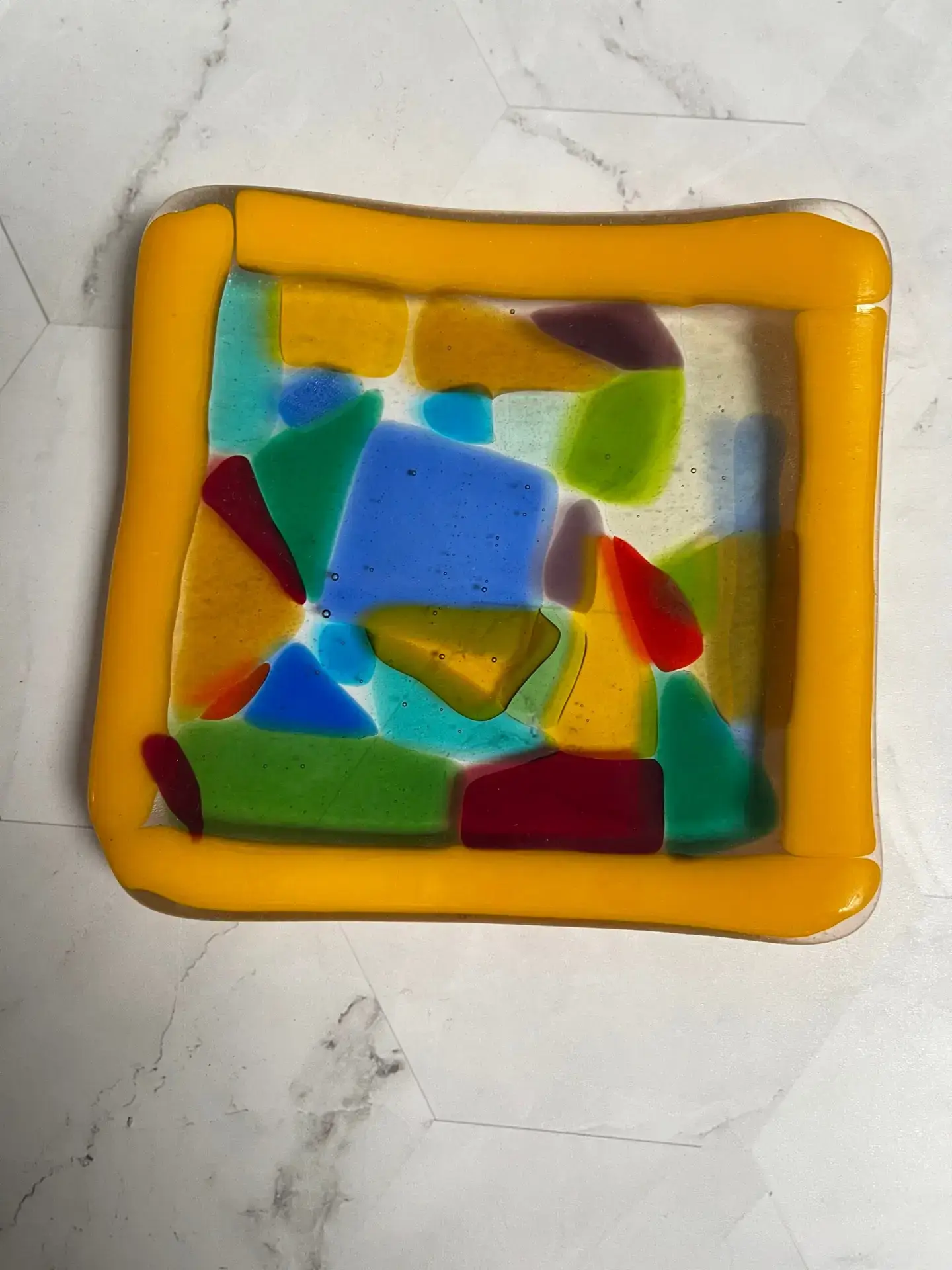 Multi-Colored Small Dish with Yellow Border - Fused Glass