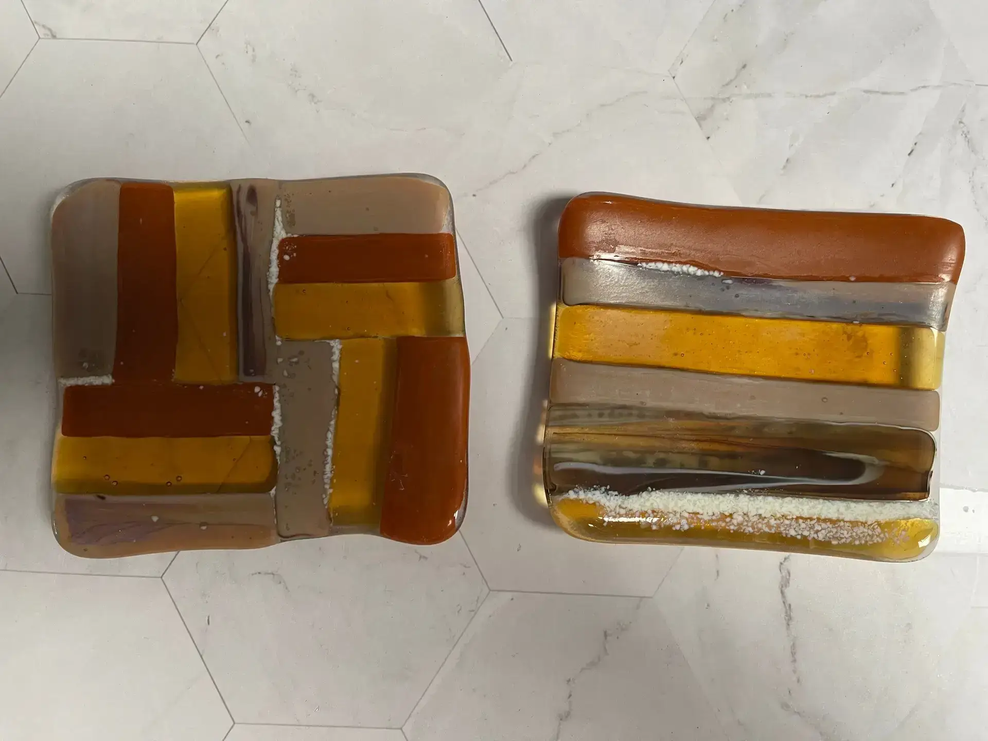 Small Dish Set – Transparent caramel with white and taupe accents - Fused Glass