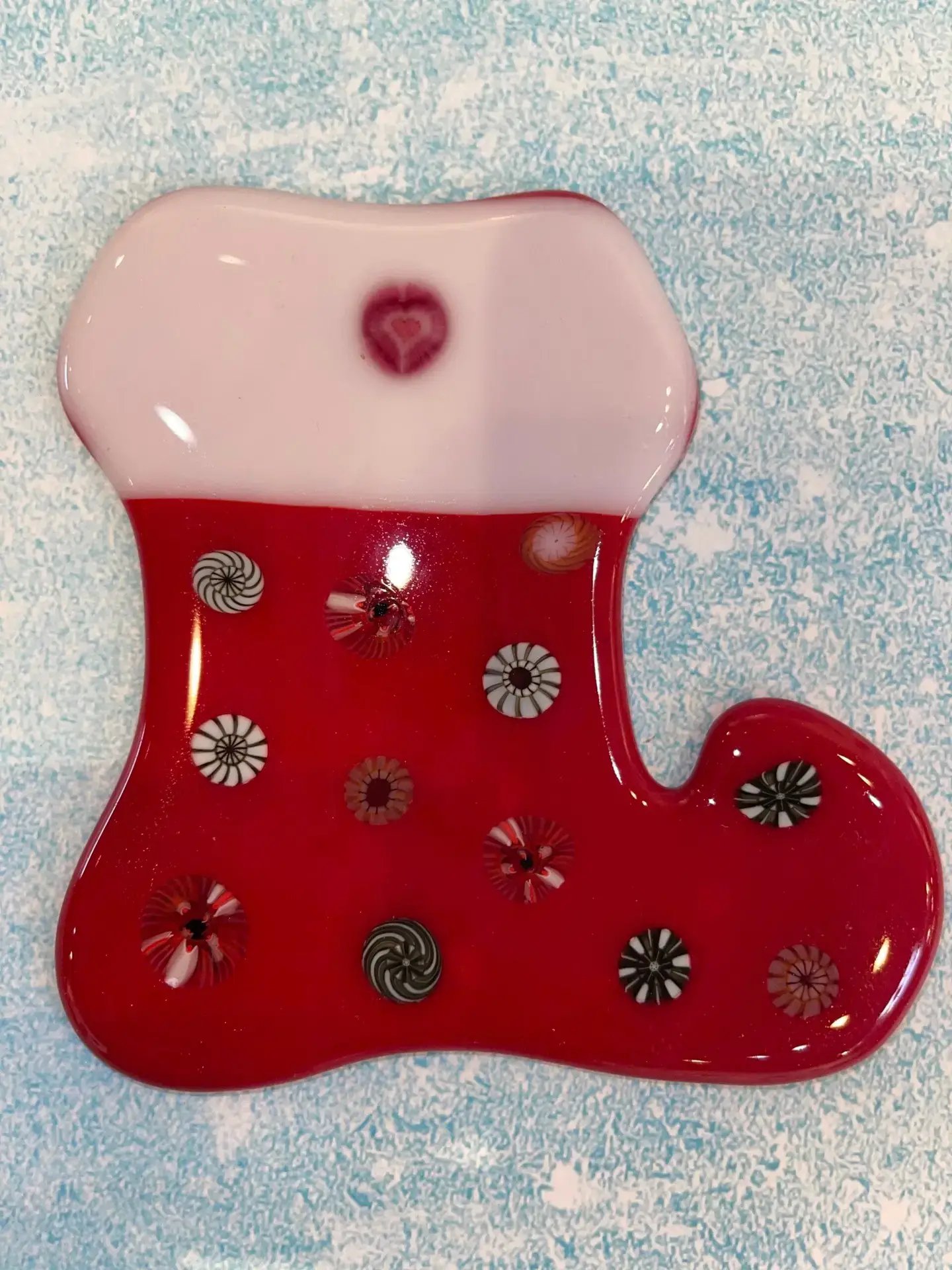 Christmas Heart Stocking with Spiral Designs - Fused Glass