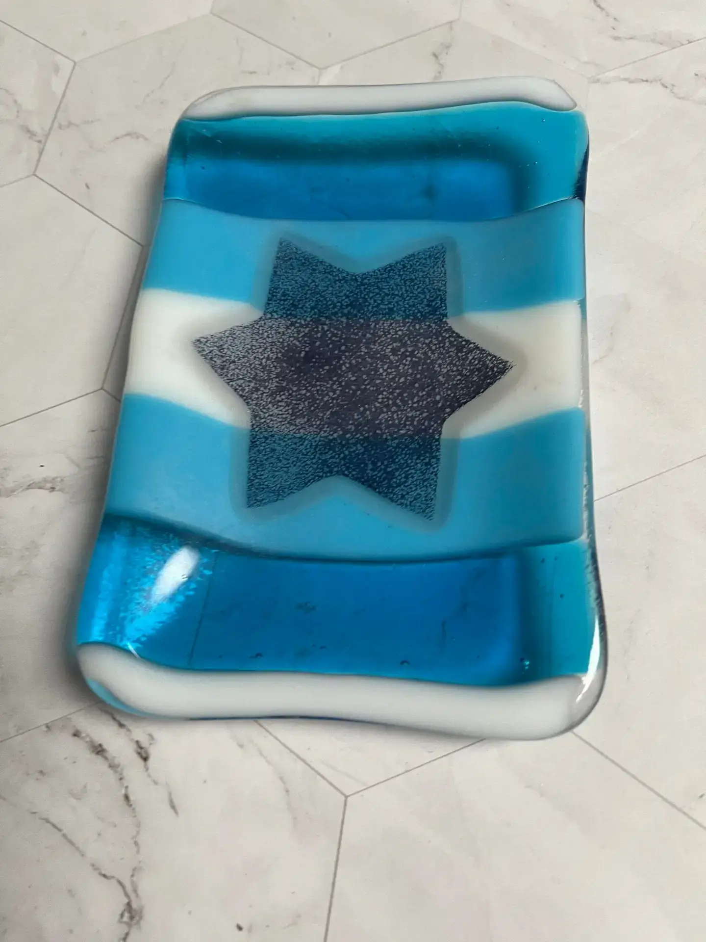 Star of David small tray with blue and white stripes - Fused Glass