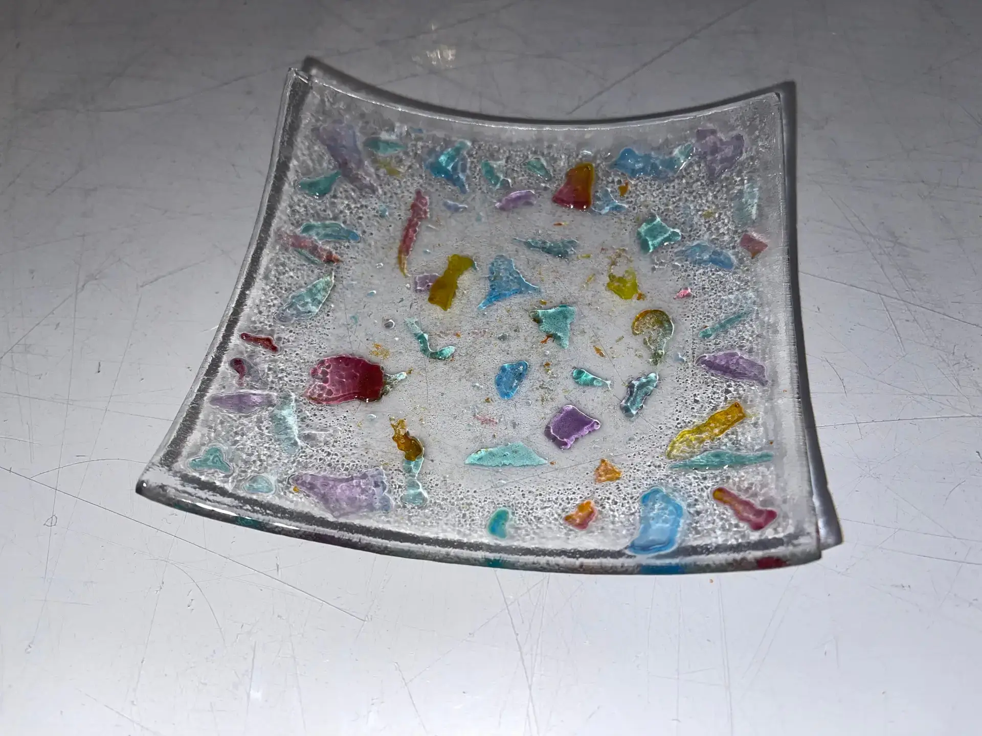Small dish – clear with multi-colored small pieces - Fused Glass