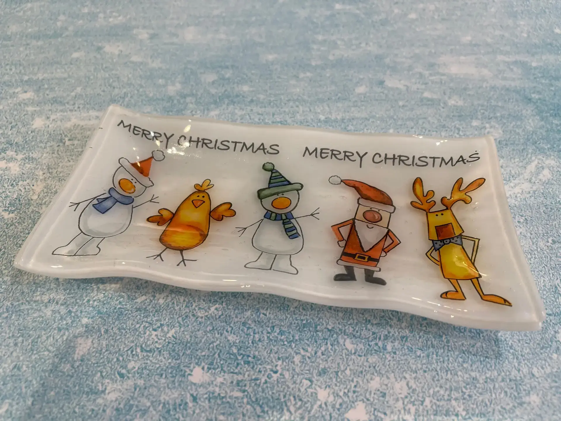 Merry Christmas Tray – white with Christmas characters - Fused Glass