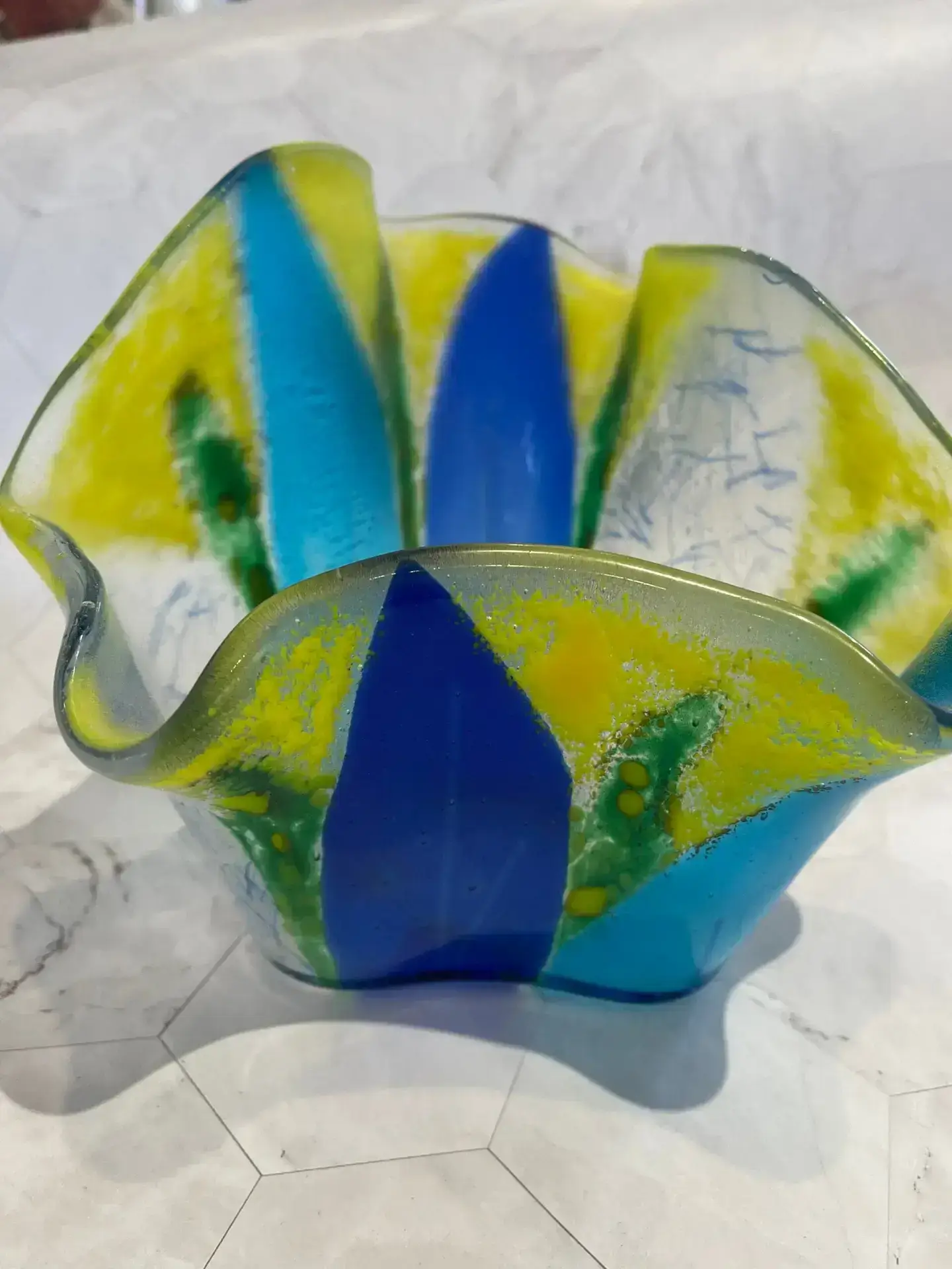 Asymmetrical blue and yellow vase with ruffled edges - Fused Glass