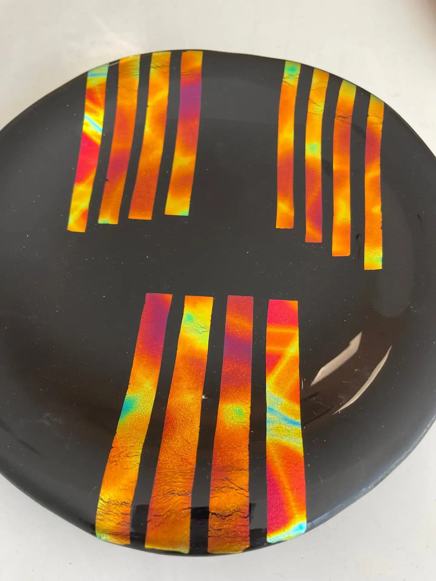 Black Glass Adorned with Colorful Dichroic Strips Round Tray - Image 2