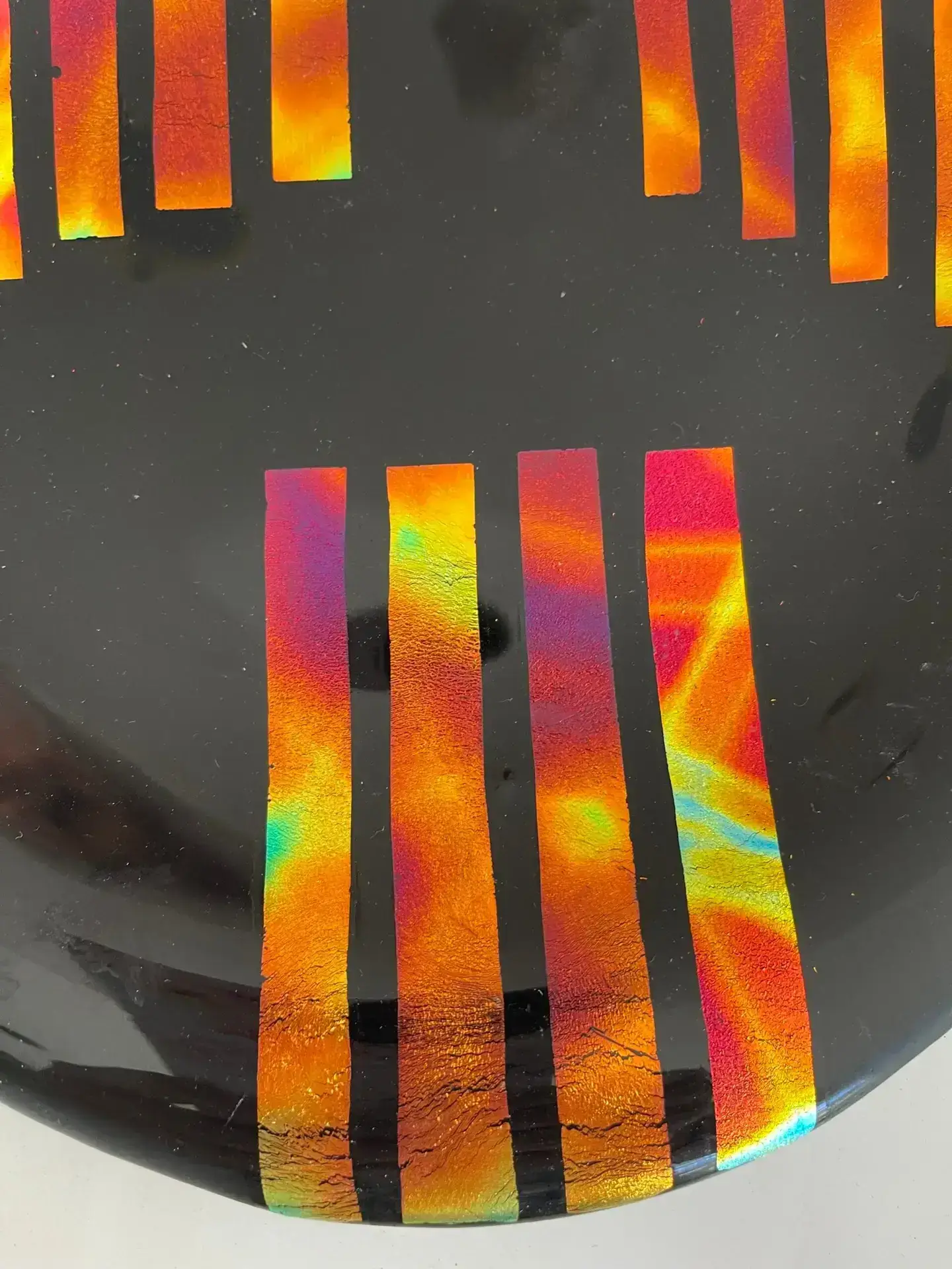 Black Glass Adorned with Colorful Dichroic Strips Round Tray - Fused Glass