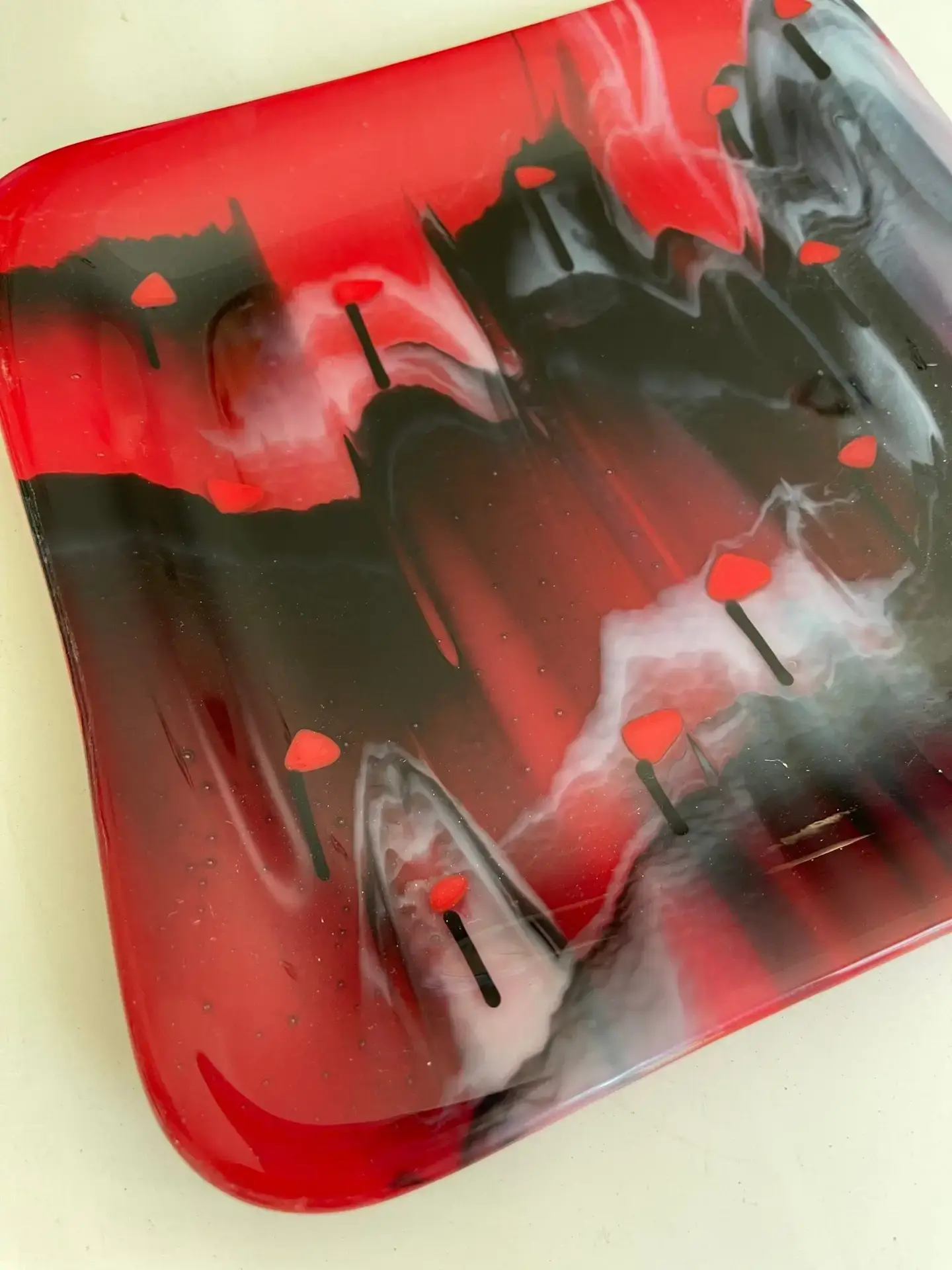 Red, Black, and White with Red Flags Glass Tray - Fused Glass