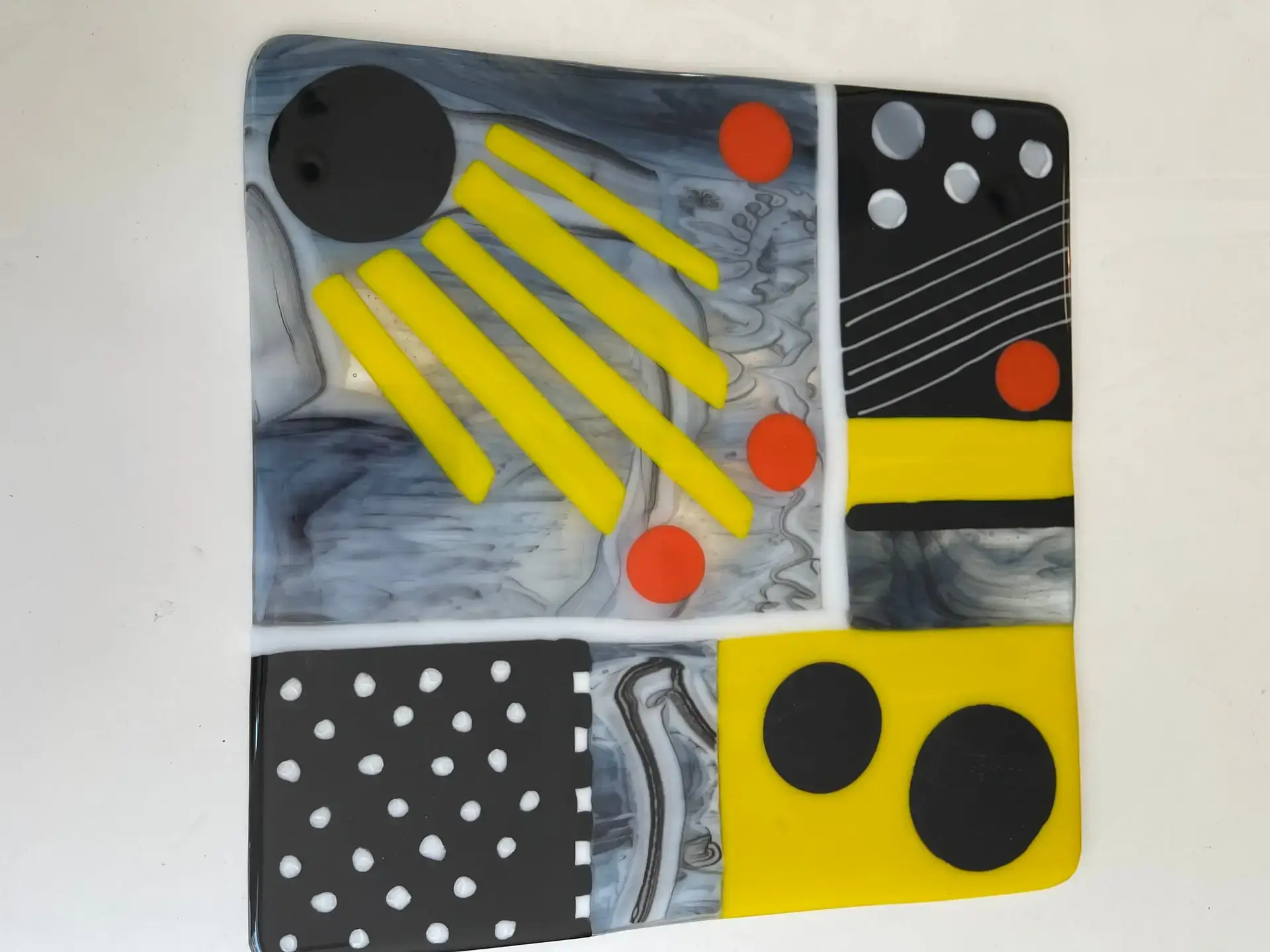 Yellow, Black, White, and Red Glass Art Piece - Fused Glass