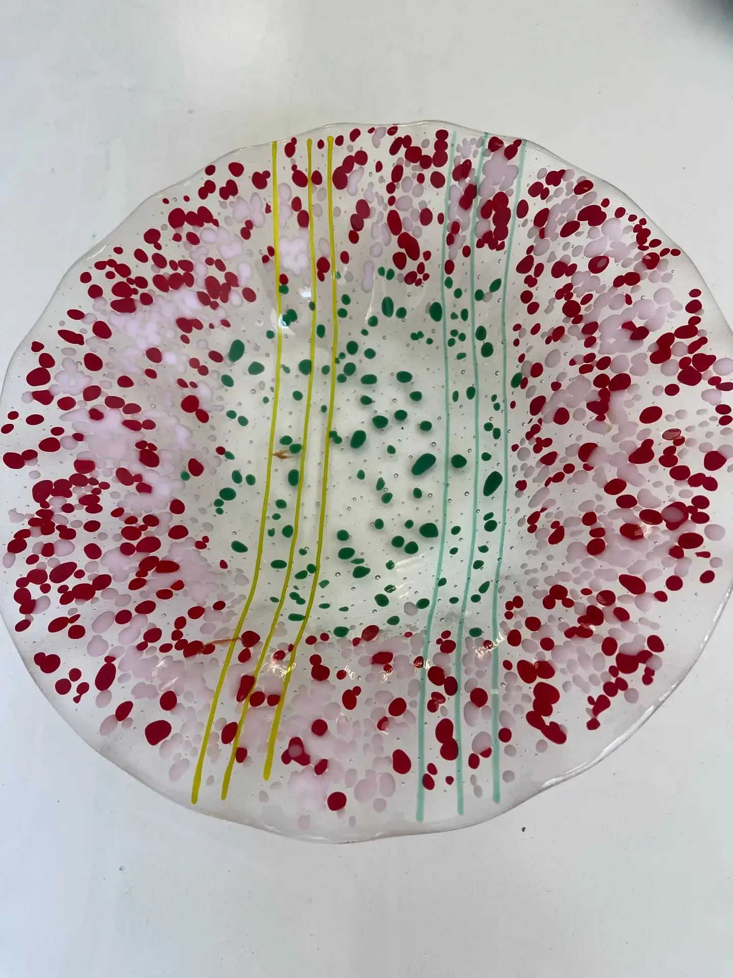 Clear Bowl with Red and Green Design - Fused Glass