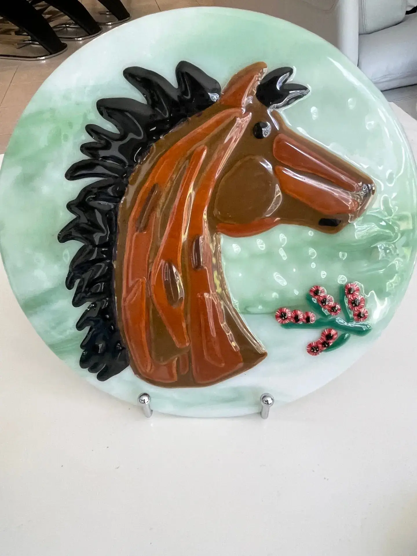 Horse Profile on a Green Background Fused Glass - Fused Glass