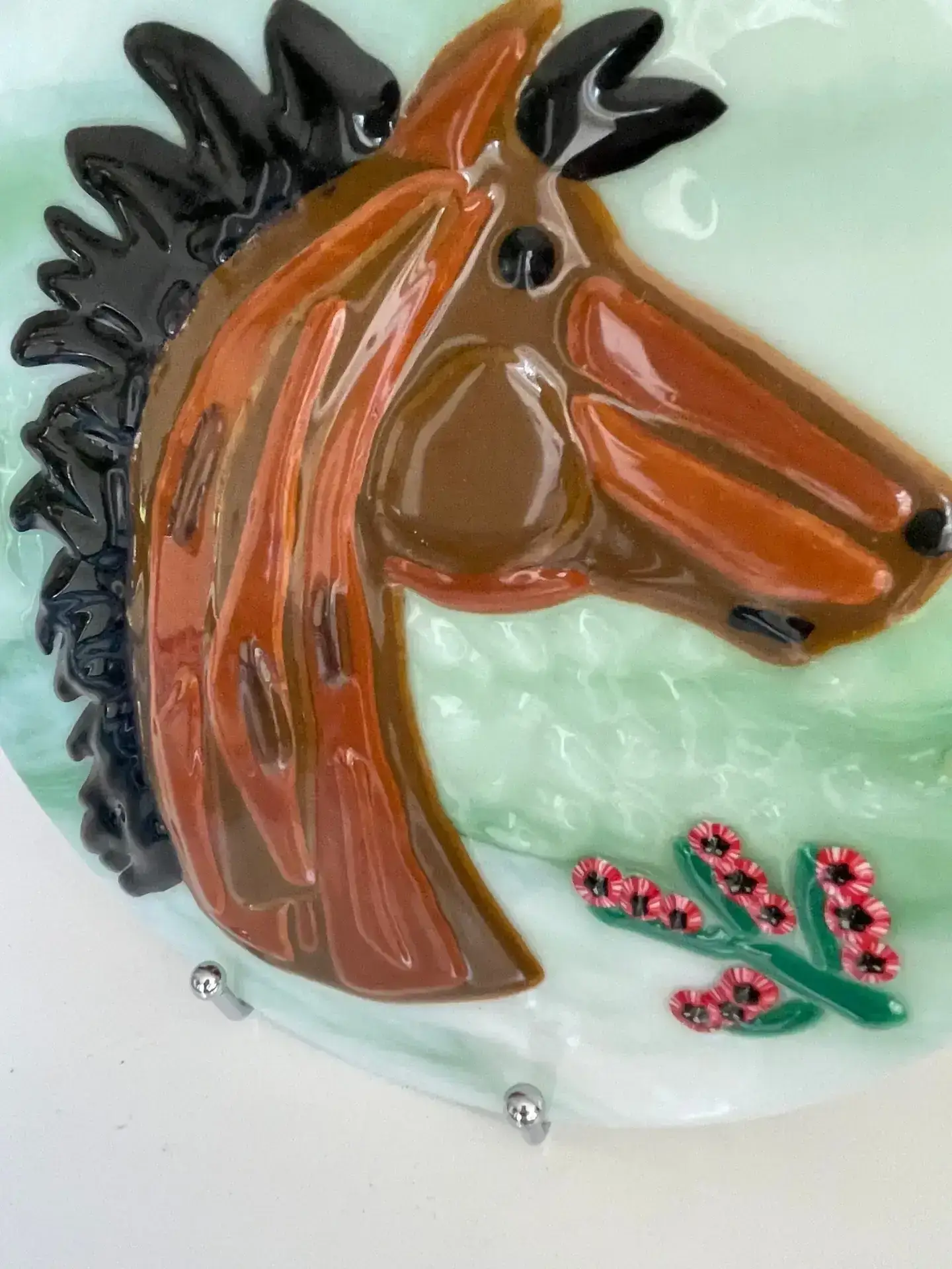 Additional view of Horse Profile layered fused glass art on green background by Pat Spears