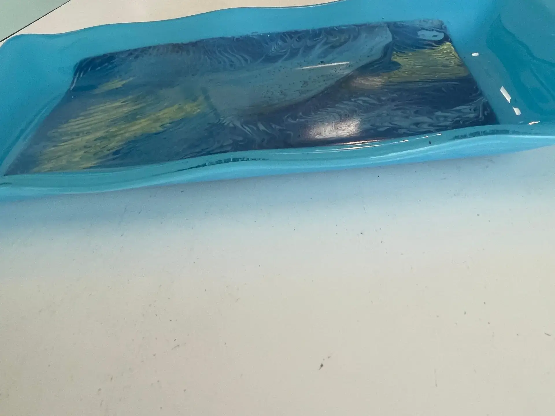 Blue Tray with Watercolor Display in the Center - Fused Glass