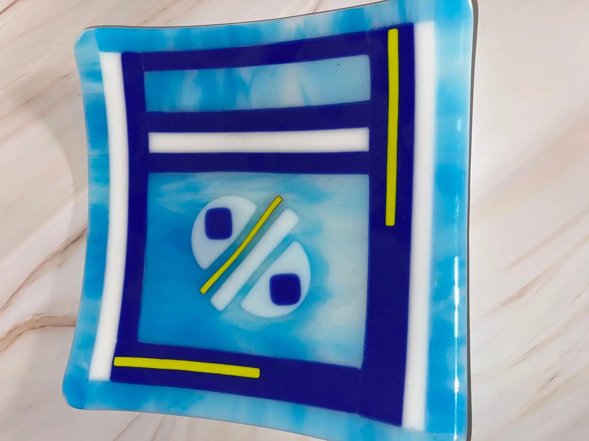 Wispy Blue, White, and Yellow - Fused Glass
