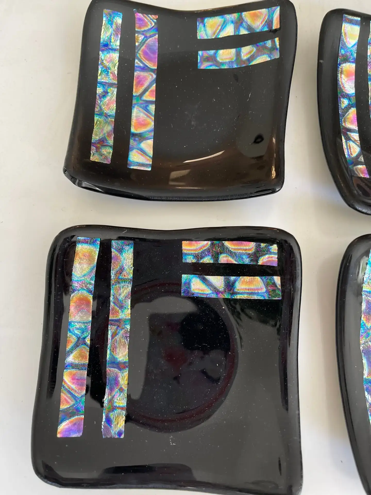 Set of 4 Small Dishes Black Accented with Dichroic Glass - Fused Glass