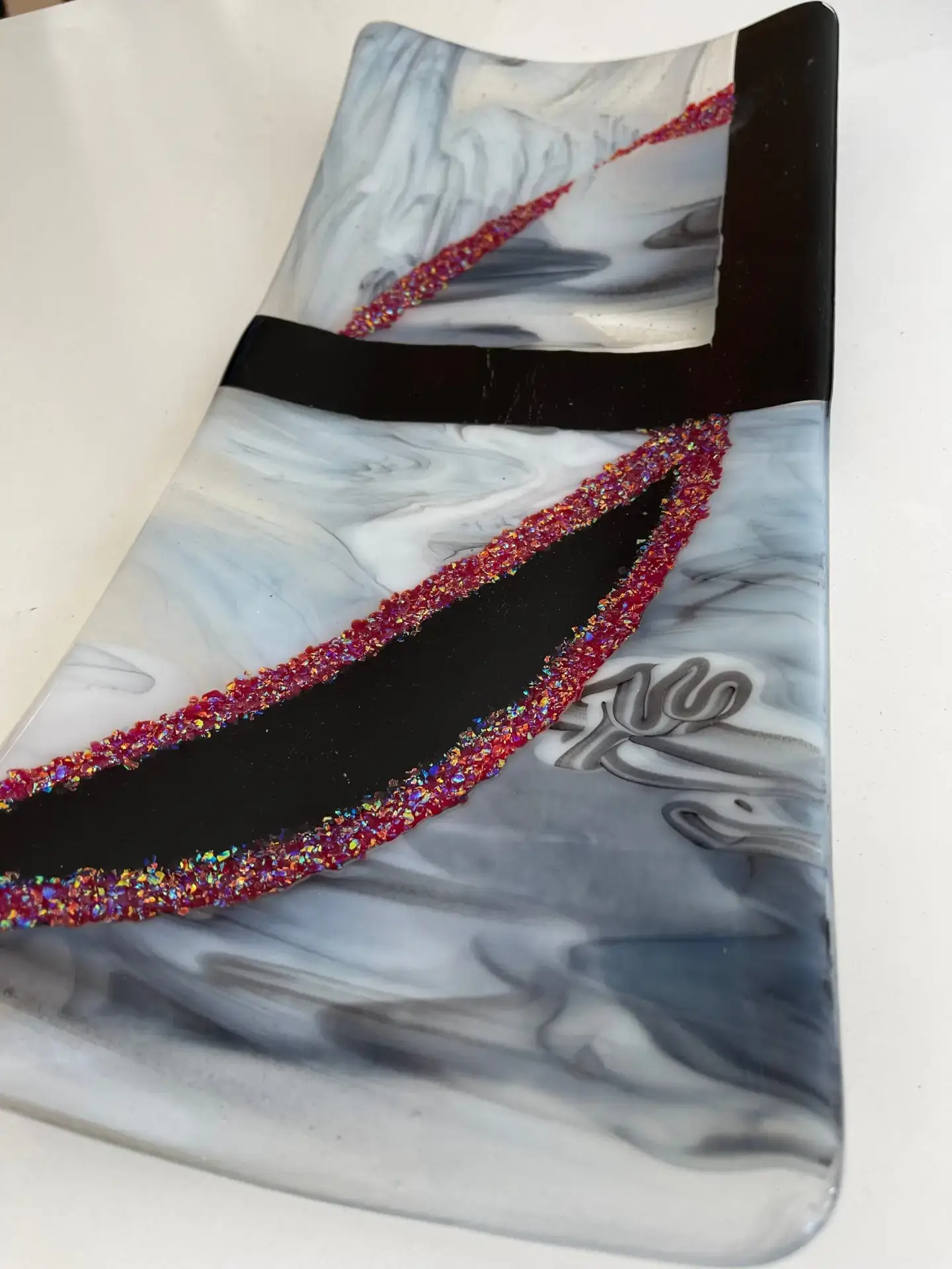 White and Black Swirl Base with Red Dichroic Design Tray - Fused Glass
