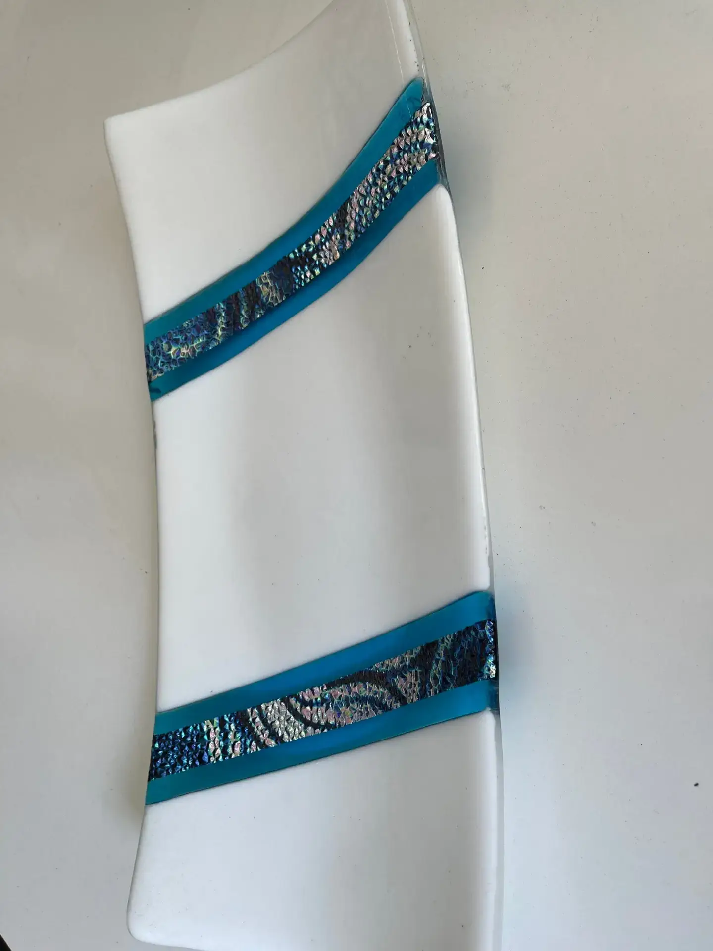 White and Blue with Strips of Dichroic Designer Tray - Fused Glass