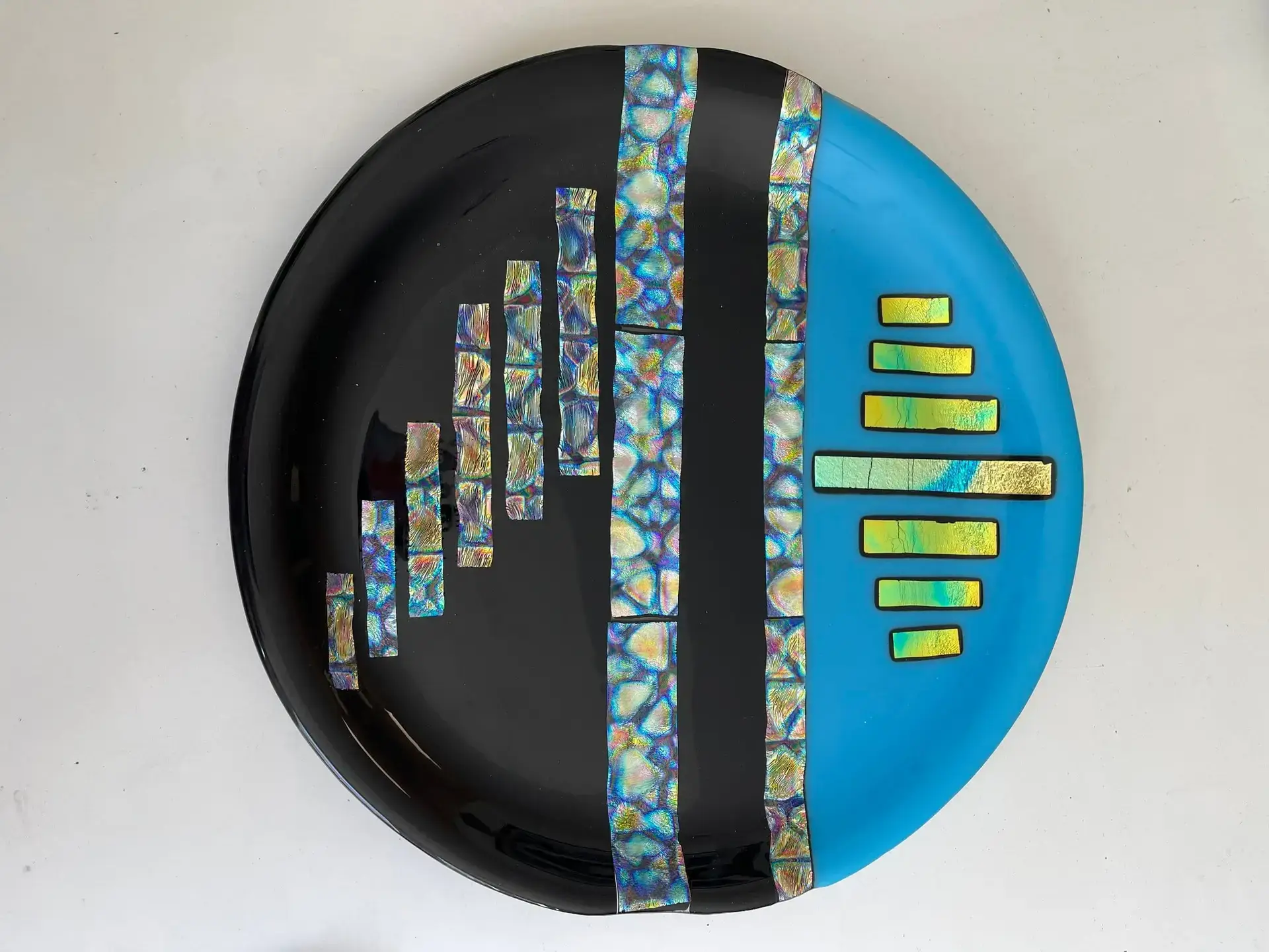Black, Blue and Dichroic Stripe Glass Round Tray - Fused Glass
