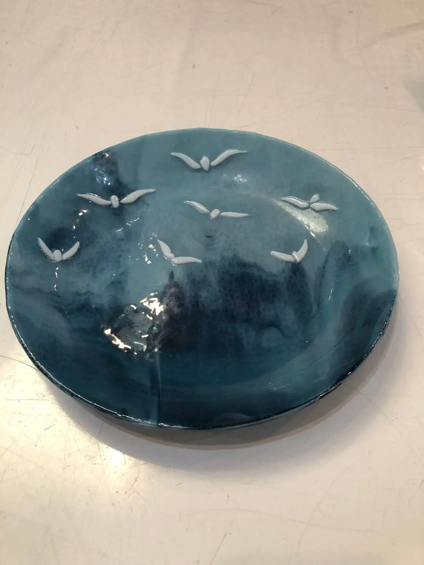 11″ Blue Swirly Bowl with Birds - Fused Glass