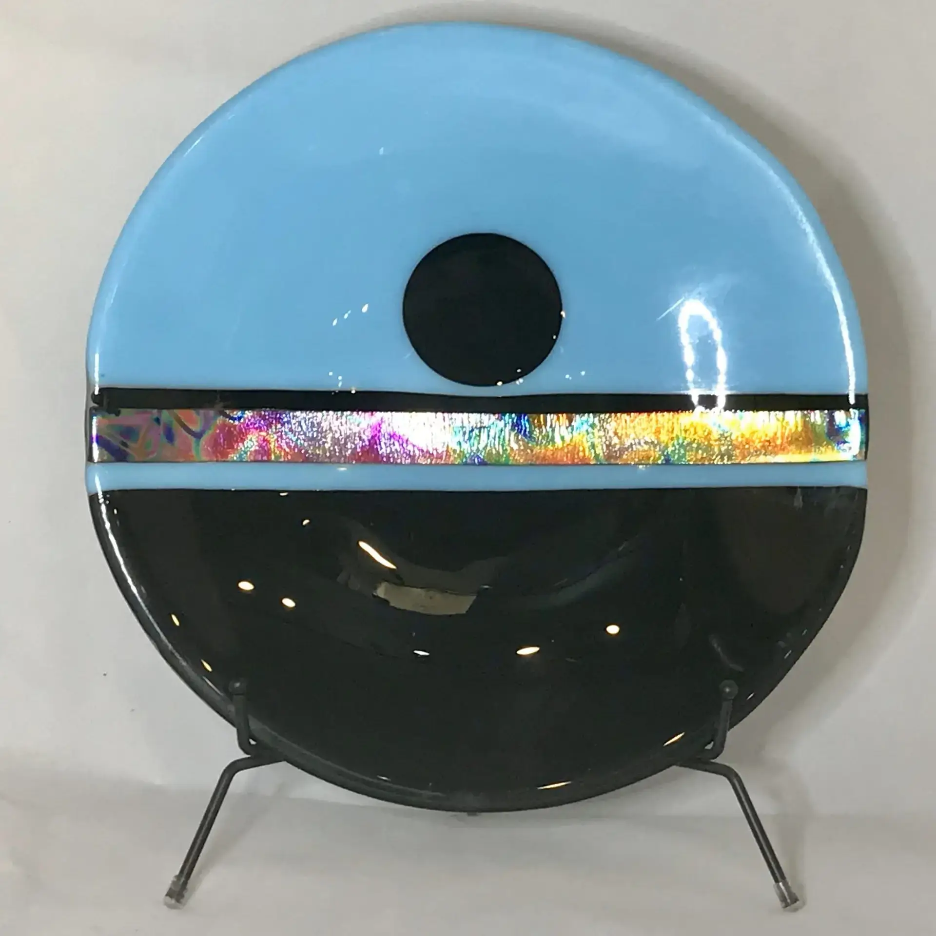 Blue and Black 11″ Glass Platter with a colorful Dichroic strip - Fused Glass
