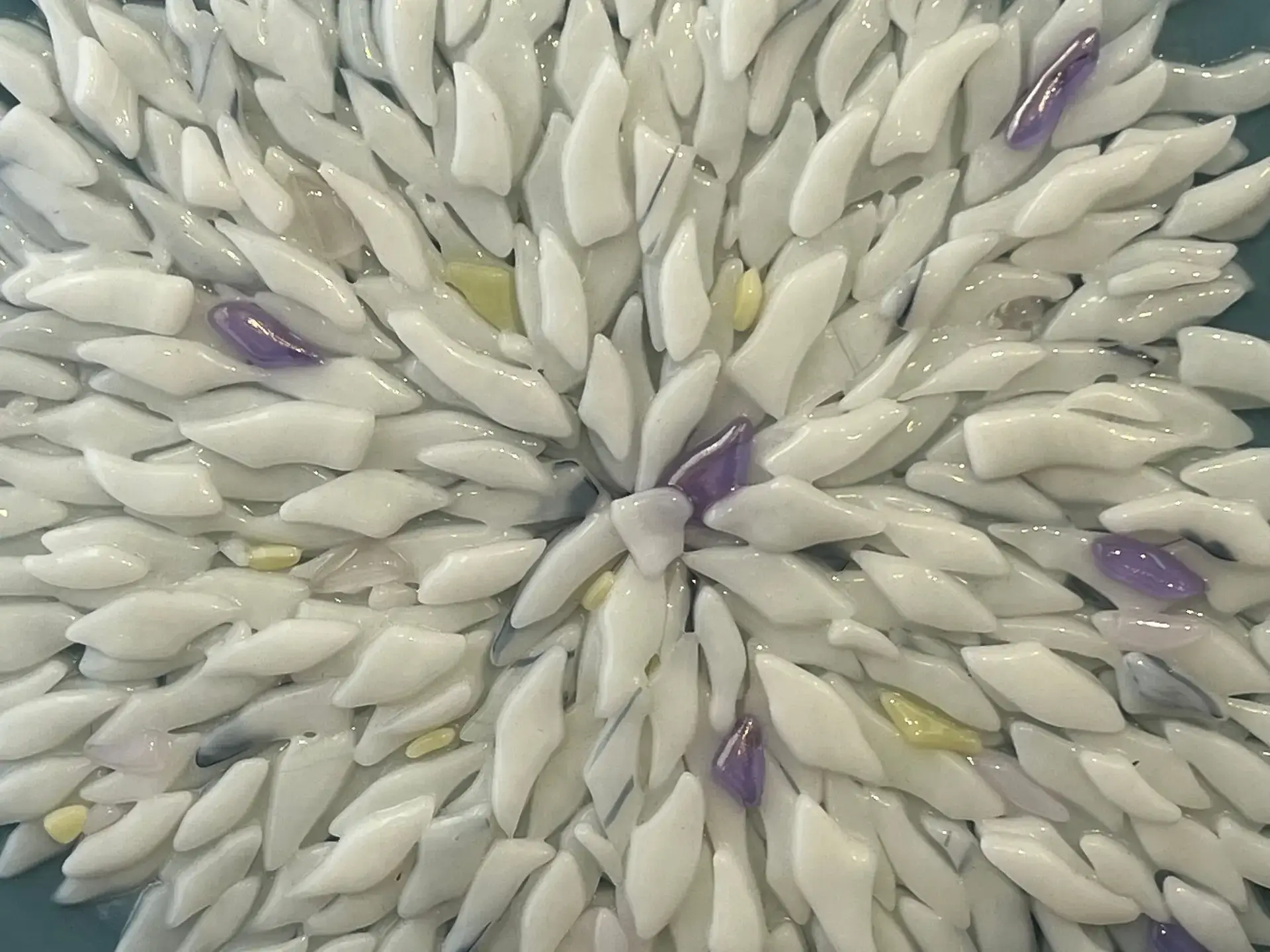 Additional view of light blue chrysanthemum fused glass floral art by Barbara BJ Fitzgerald