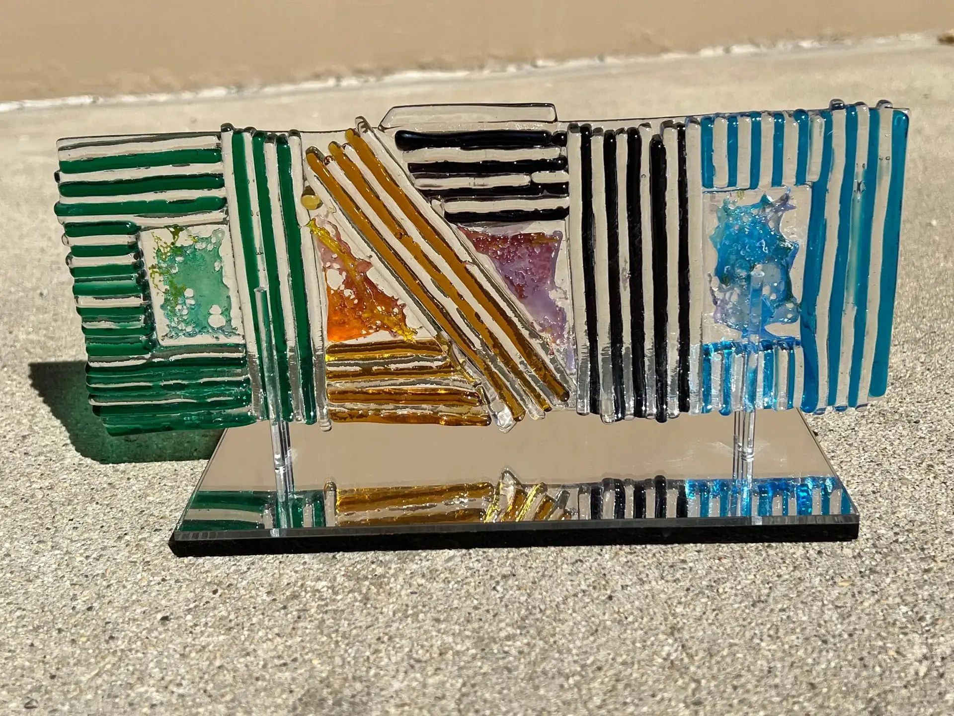 Abstract Line Sculpture with Mirrored Stand - Fused Glass