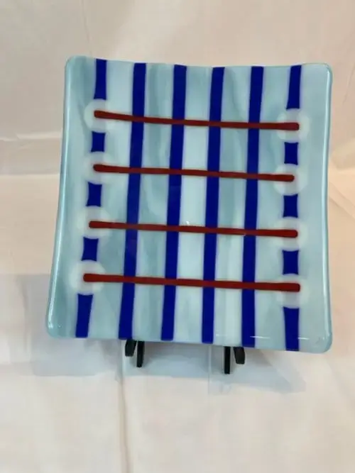 Blue Platter with Blue and Red Stripes - Fused Glass