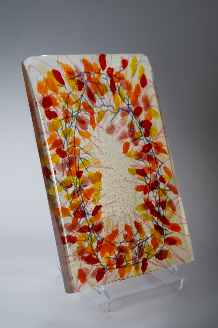 Autumn Revelry sculptural fused glass tower with layered autumn colors