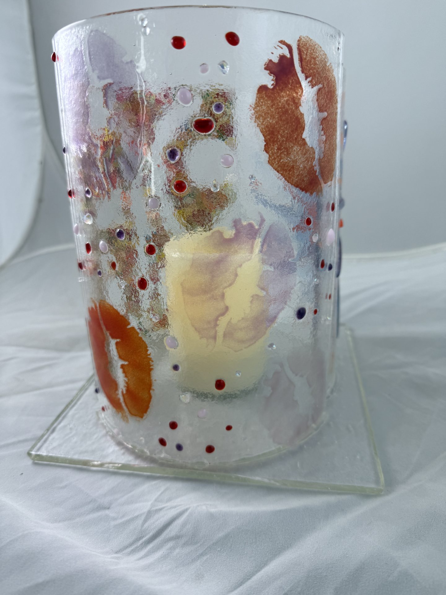 Bright fused glass lantern for indoor or outdoor use.