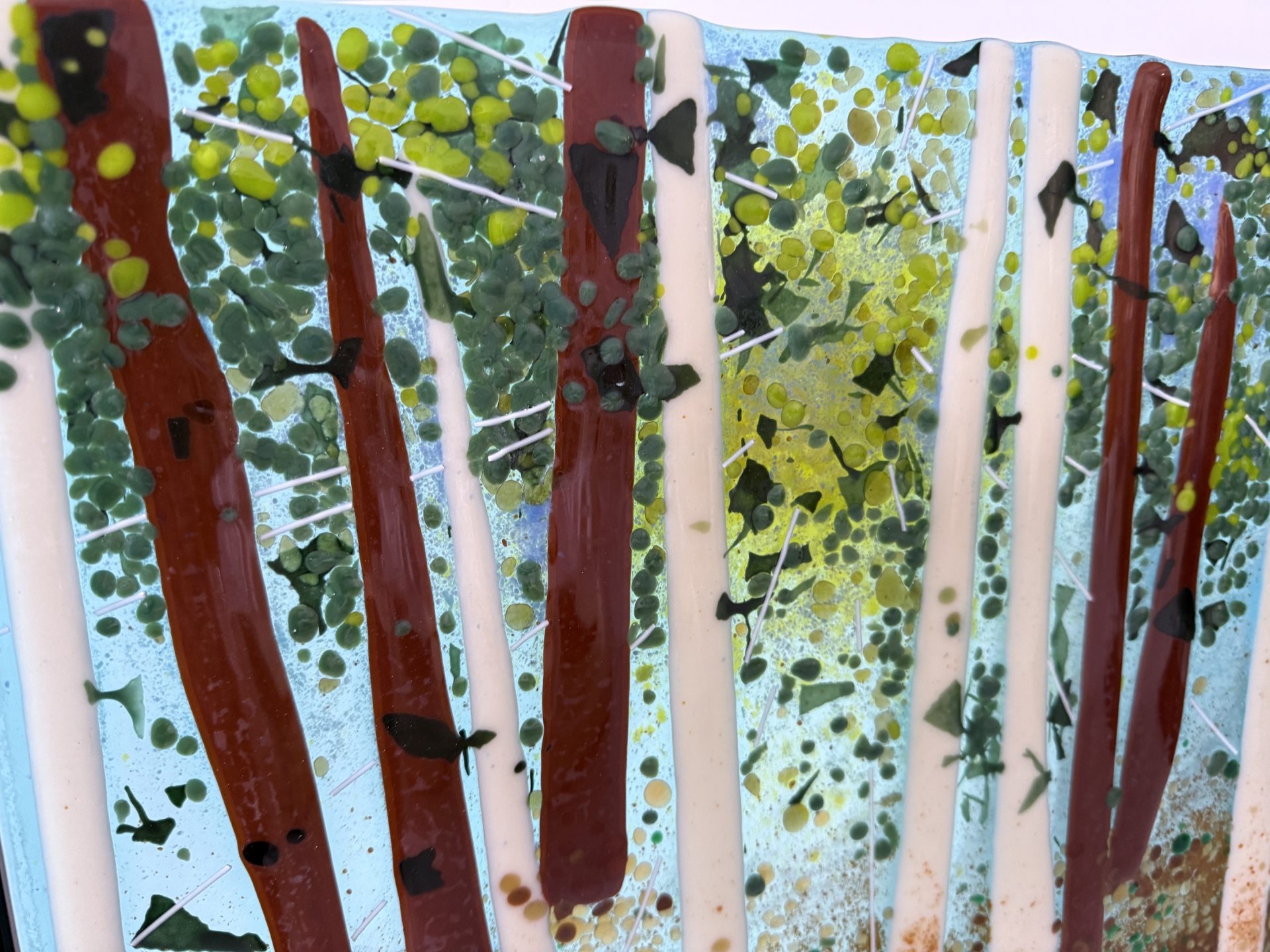 One-of-a-kind layered fused glass sculpture with custom wood base by Carl Turnbull