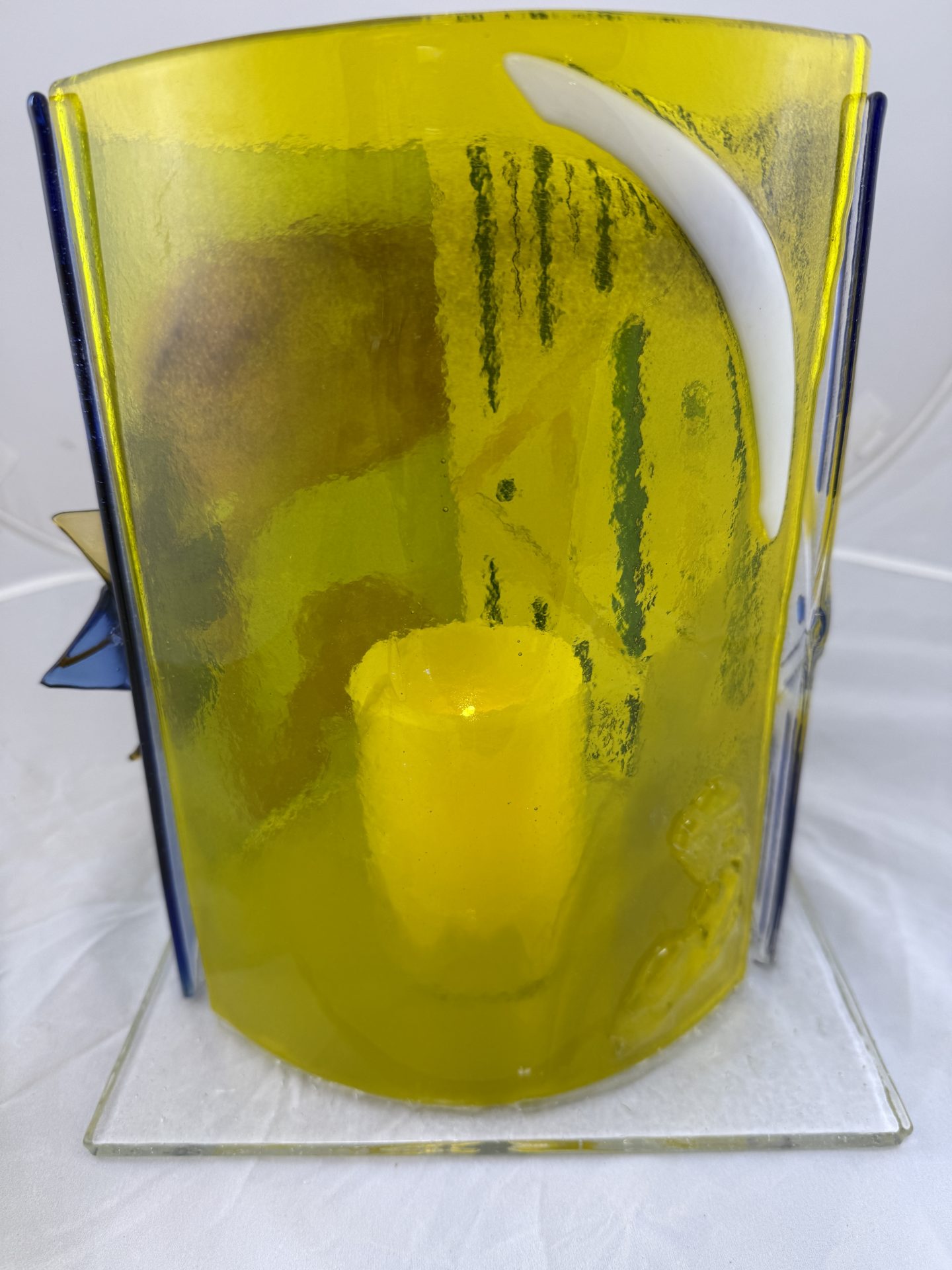 Detail view of Rhythm and Radiance colorful fused glass lantern