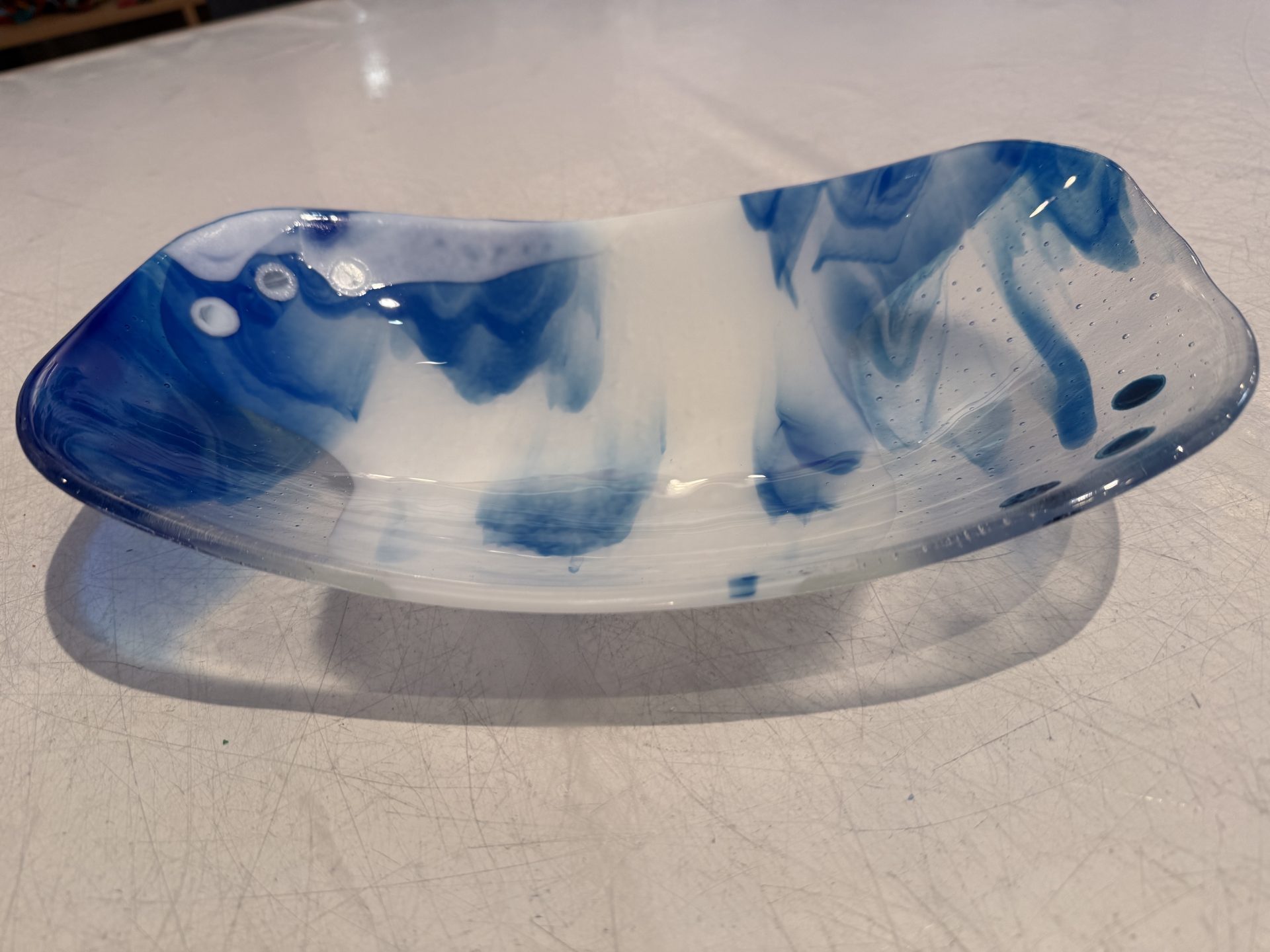Blue Drift handmade fused glass serving bowl with softly curved shape by Nancy Dillingham Marks