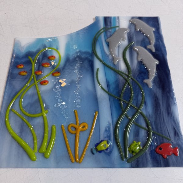 Playful Dolphins Fused Glass Table Art - Fused Glass